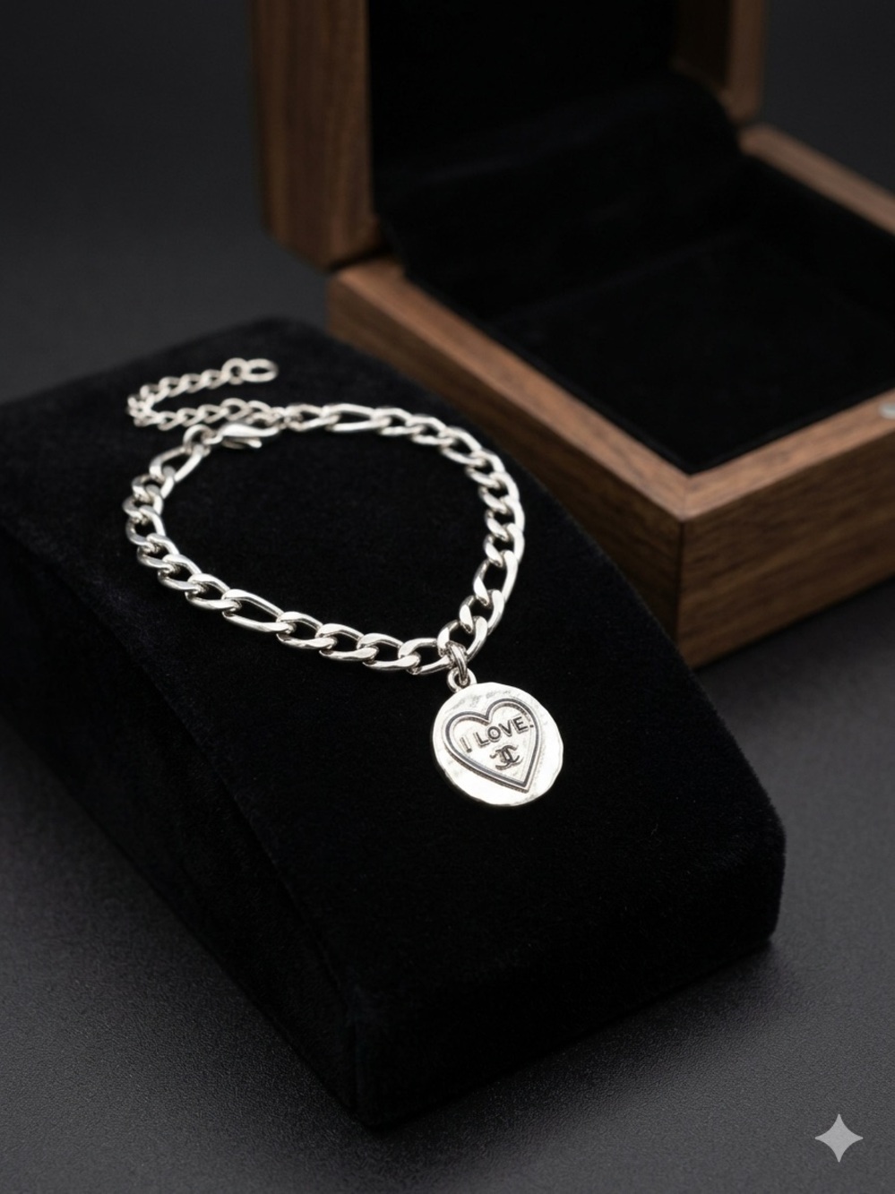 Silver Heart Charm Chain Bracelet “I LOVE CC”